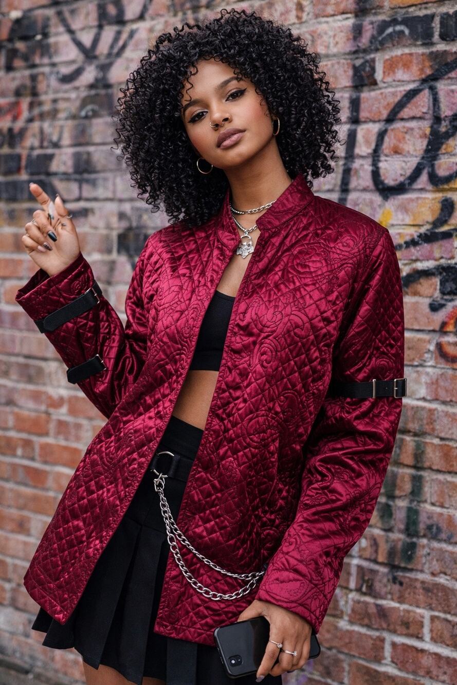 Chicos Quilted Black Red Satin Blazer Victorian XL 3 Gothic Steampunk